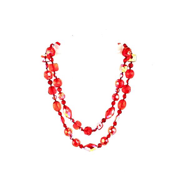 1950's Orange Aurora Borealis Graduated Beaded Two Strand Necklace - Picture 2 of 5